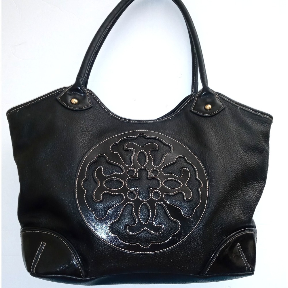SOLINA Black Pebbled Leather Satchel Tote Purse Embossed Scroll Design